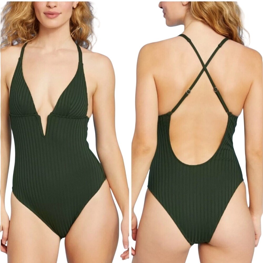 Shade & Shore One Piece Ribbed Plunge Front V-Wire Swimsuit, Green Size Med NWT